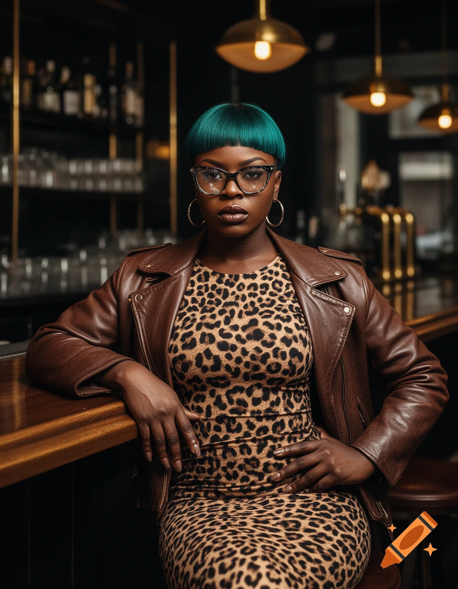 Photorealistic portrait of a fierce Black woman with a teal bob haircut, cat-eye glasses, leopard-print dress, and leather jacket at a bar.