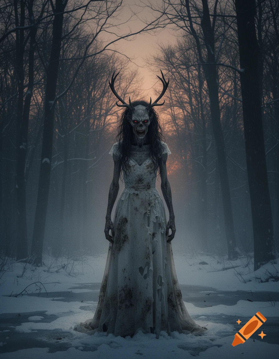 A terrifying wendigo with deer antlers and glowing red eyes stands in a snowy, foggy forest, wearing a tattered white dress.