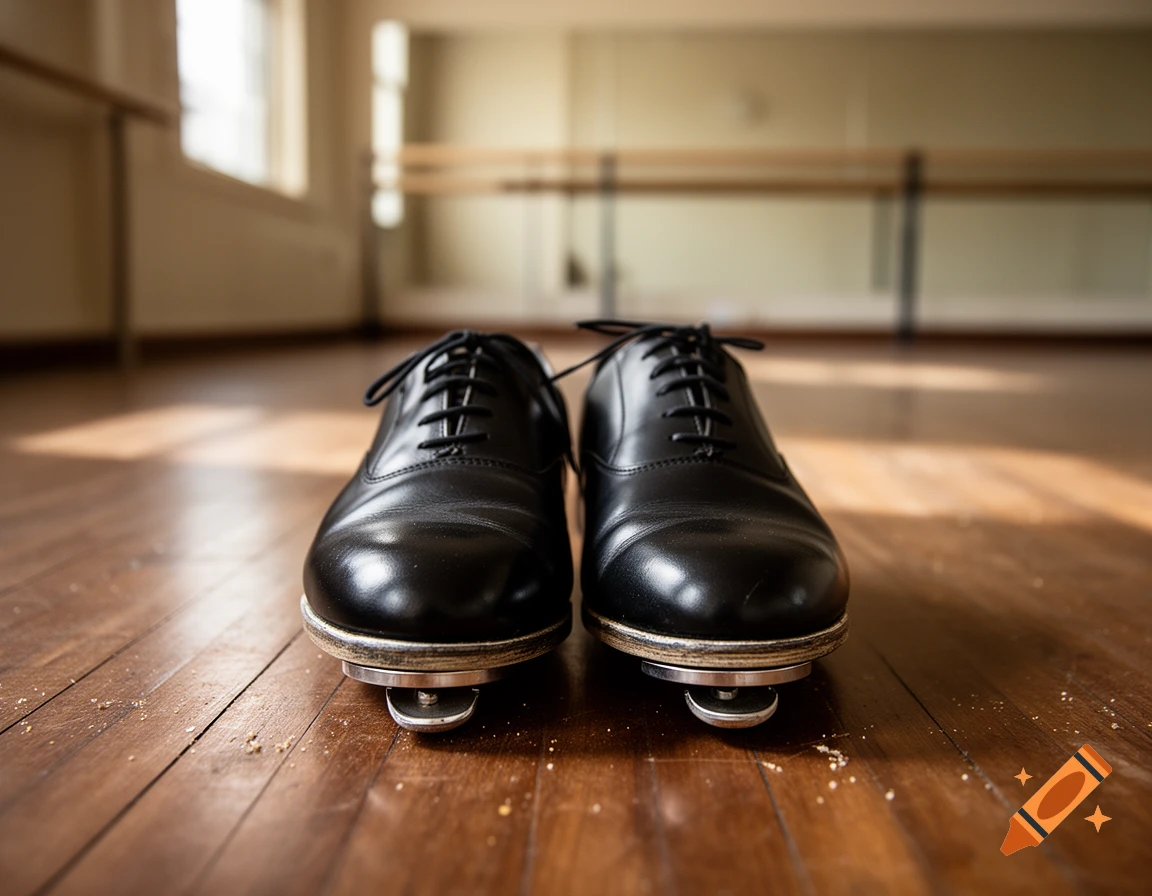 Close-up of a pair of black tap shoes with metal taps on wooden dance studio floor.