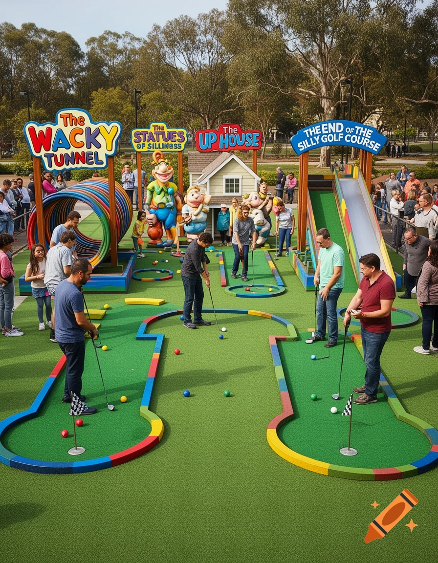 People playing on a whimsical mini golf course with colorful obstacles and signs.