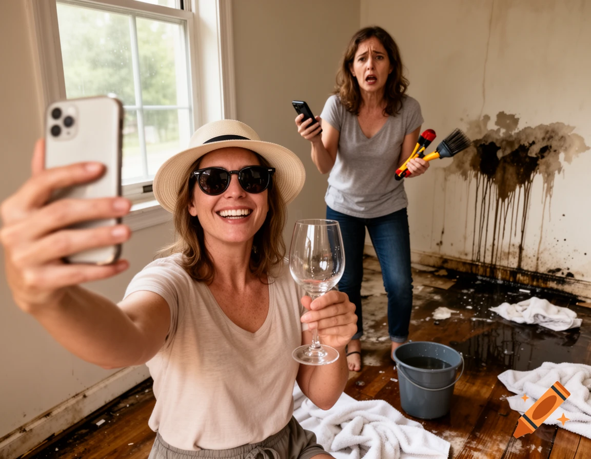 Photorealistic selfie of a smiling woman with sunglasses and a wine glass, while another stressed woman in the background deals with water damage on a wall.