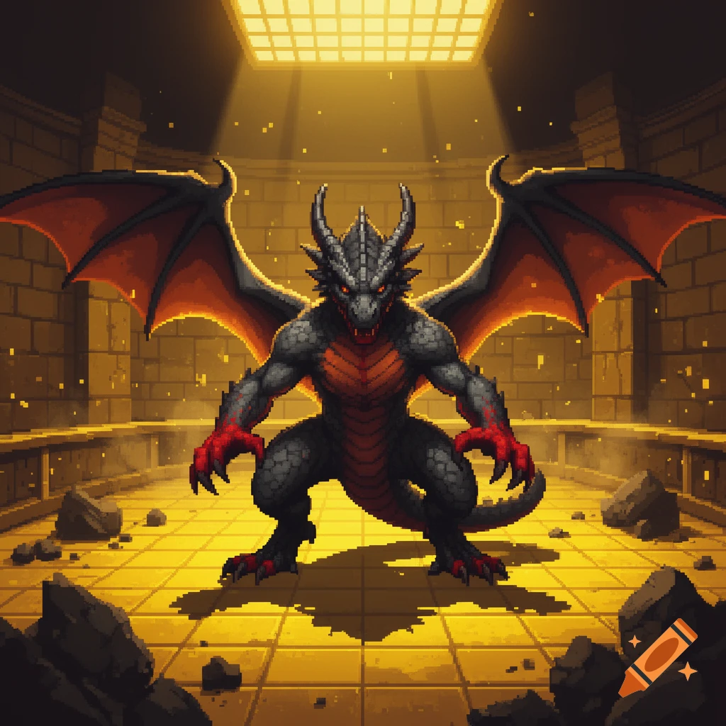 Pixel art of a muscular black and red dragon with wings and bloody claws standing in a stone arena.
