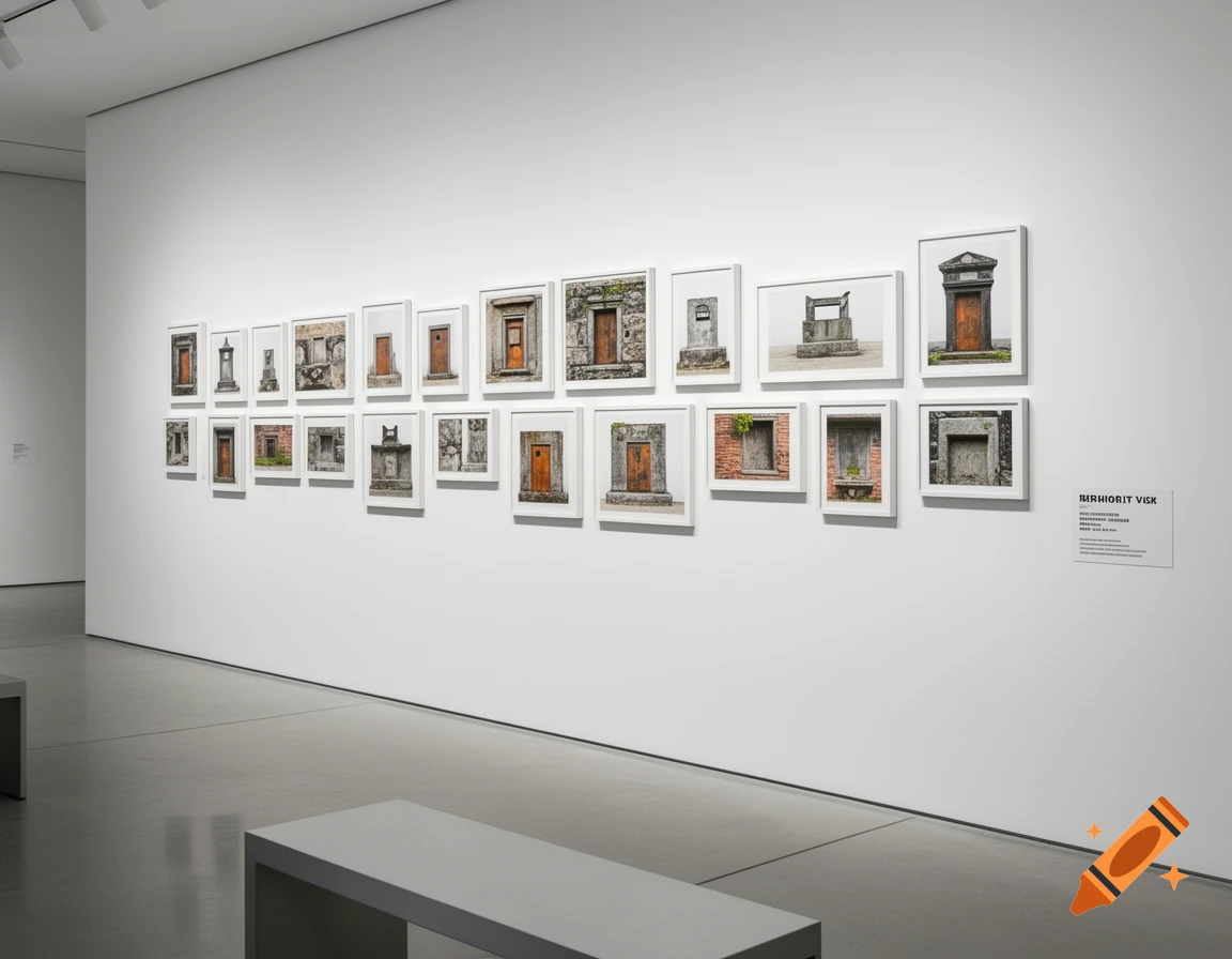 An art gallery wall featuring two horizontal rows of framed small architectural photographs, with a white bench in the foreground.