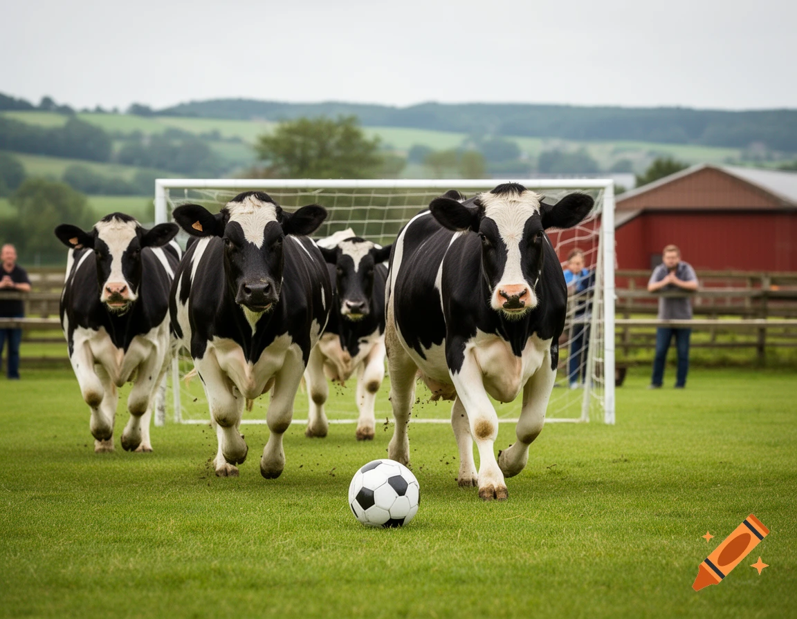 Four black-and-white cows running across a green soccer field towards a soccer ball in front of a goal.