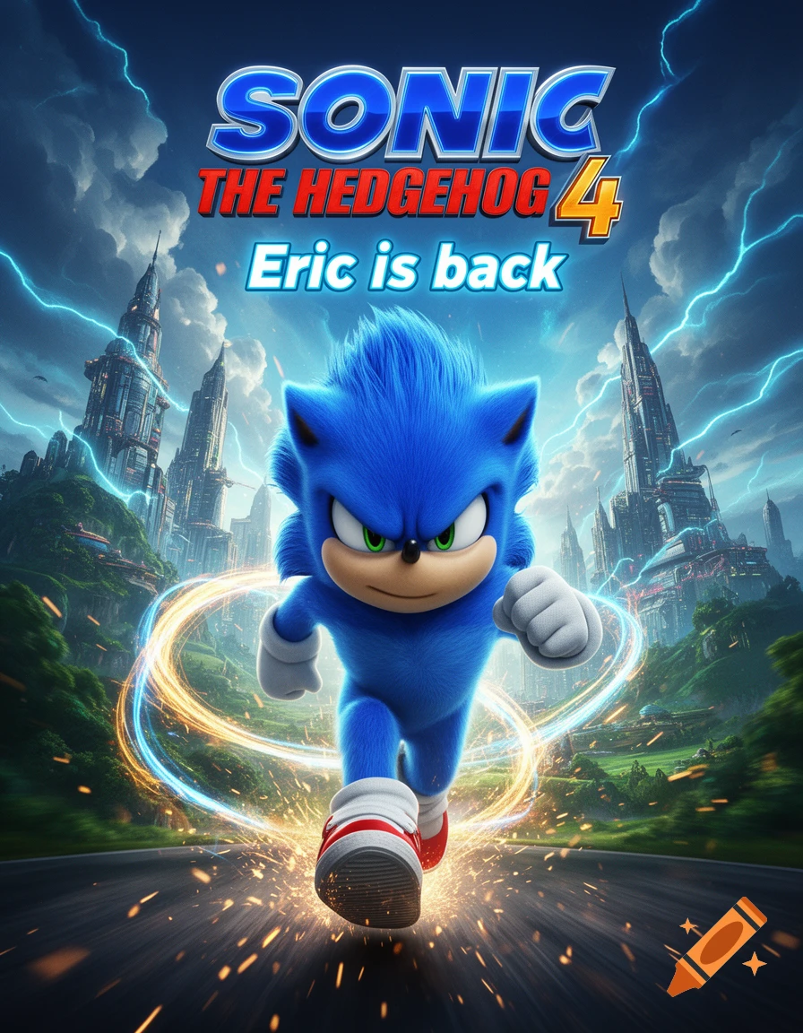 Movie poster featuring Sonic the Hedgehog running forward on a road, with futuristic cityscapes and lightning in the background.