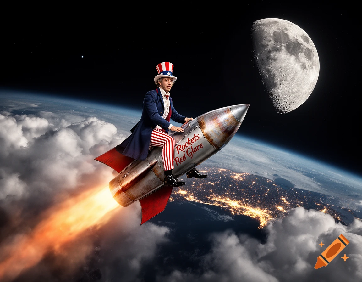 Nicolas Cage dressed as Uncle Sam riding a rocket through space past the moon and Earth, photorealistic style.