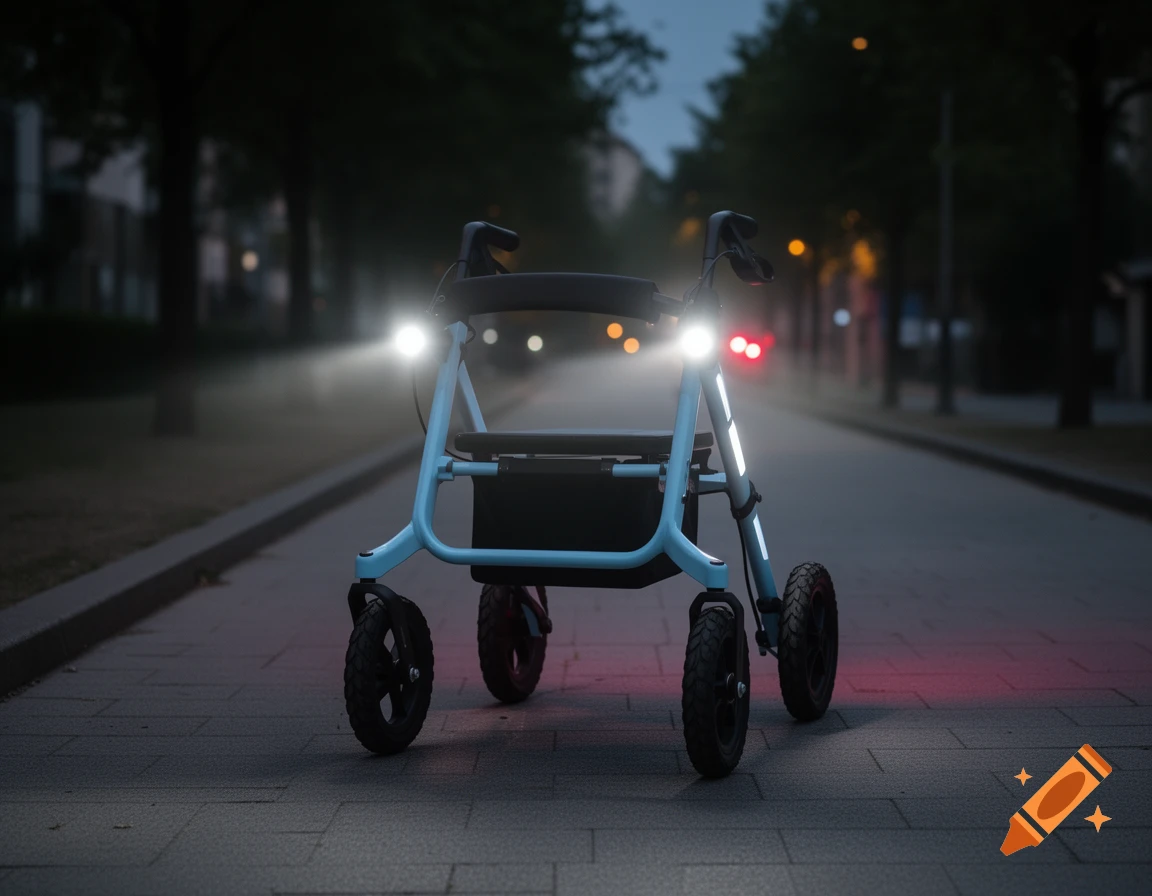 Photorealistic image of a light blue rollator walker with headlights on a paved path at dusk.