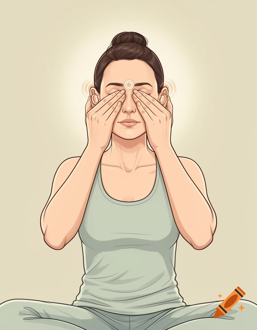 An illustrated woman performing Shanmukhi Mudra hand position during yoga breathing practice, wearing a grey tank top.