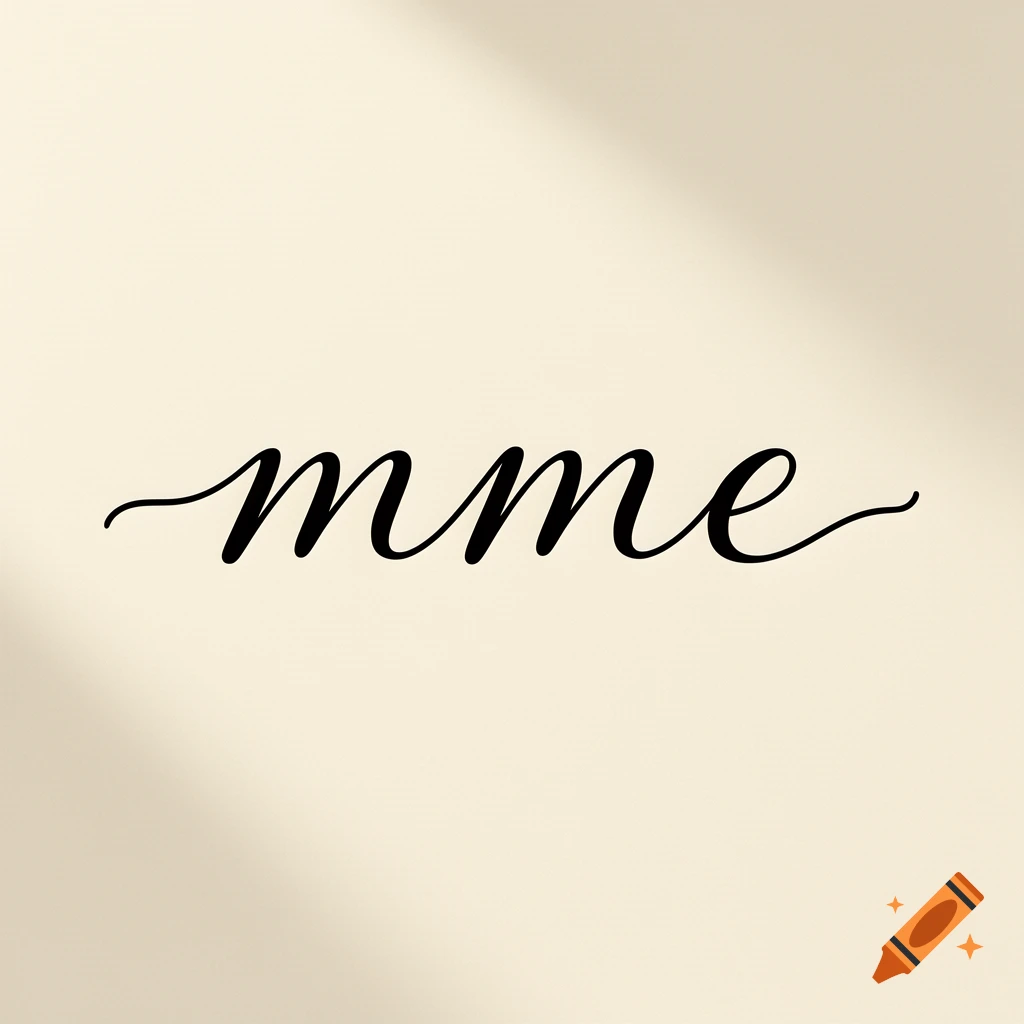 Calligraphy script of the letters mme in black ink on a beige background.