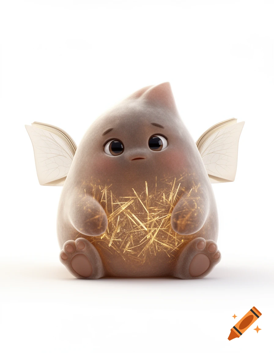 A small chubby fantasy creature with soft smoky velvet body, glowing golden crystals inside, and delicate book-page wings in a 3D Pixar style.