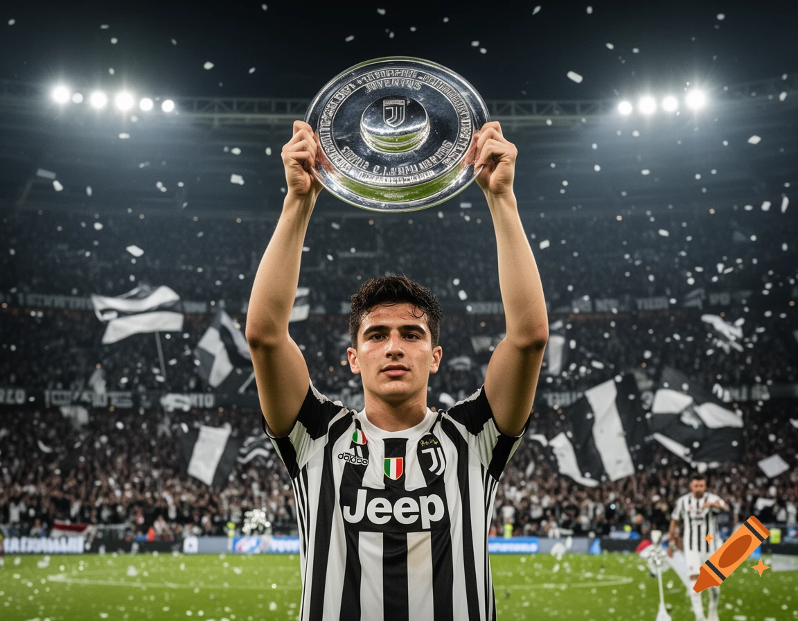 Photorealistic image of soccer player Kenan Yildiz holding up a trophy in a crowded stadium with confetti.