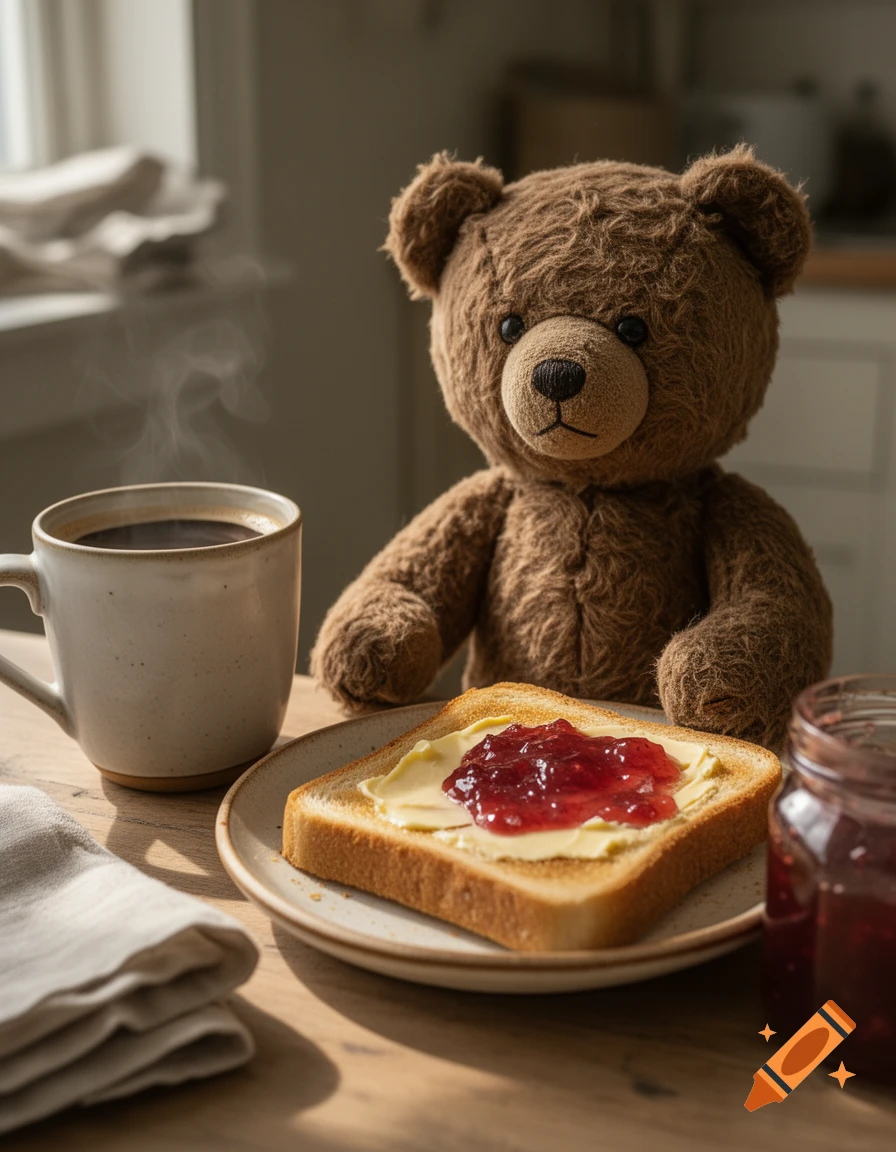 Photorealistic image of a brown teddy bear sitting at a table with a cup of coffee and toast with butter and jam.