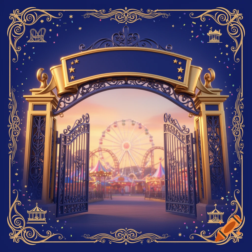 Pixar style theme park entrance gate with golden metal and blue ironwork, opening to an amusement park with a Ferris wheel at sunset, card back illustration.