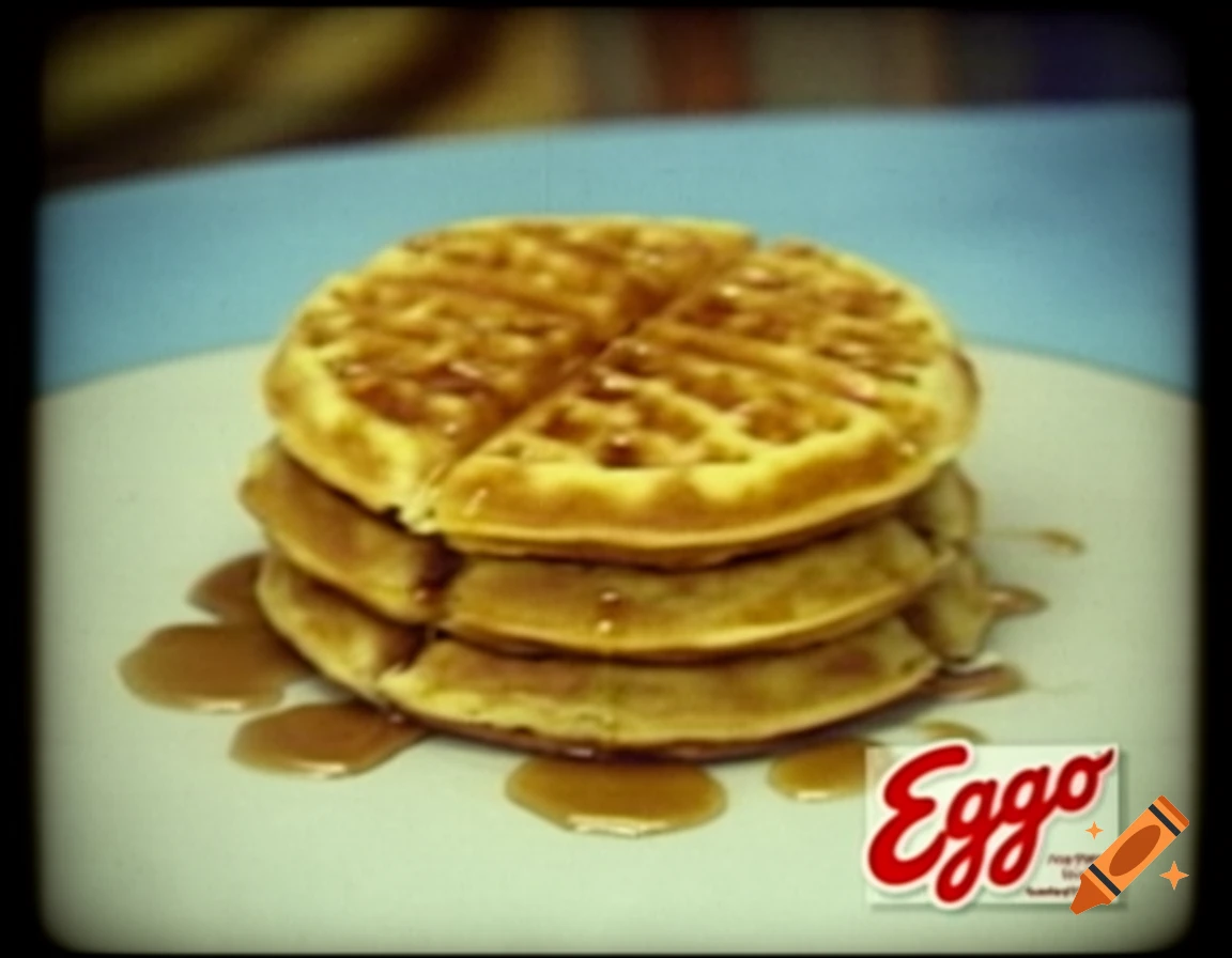 A stack of waffles with syrup on a plate, featuring an Eggo logo in the corner, in a vintage retro style.