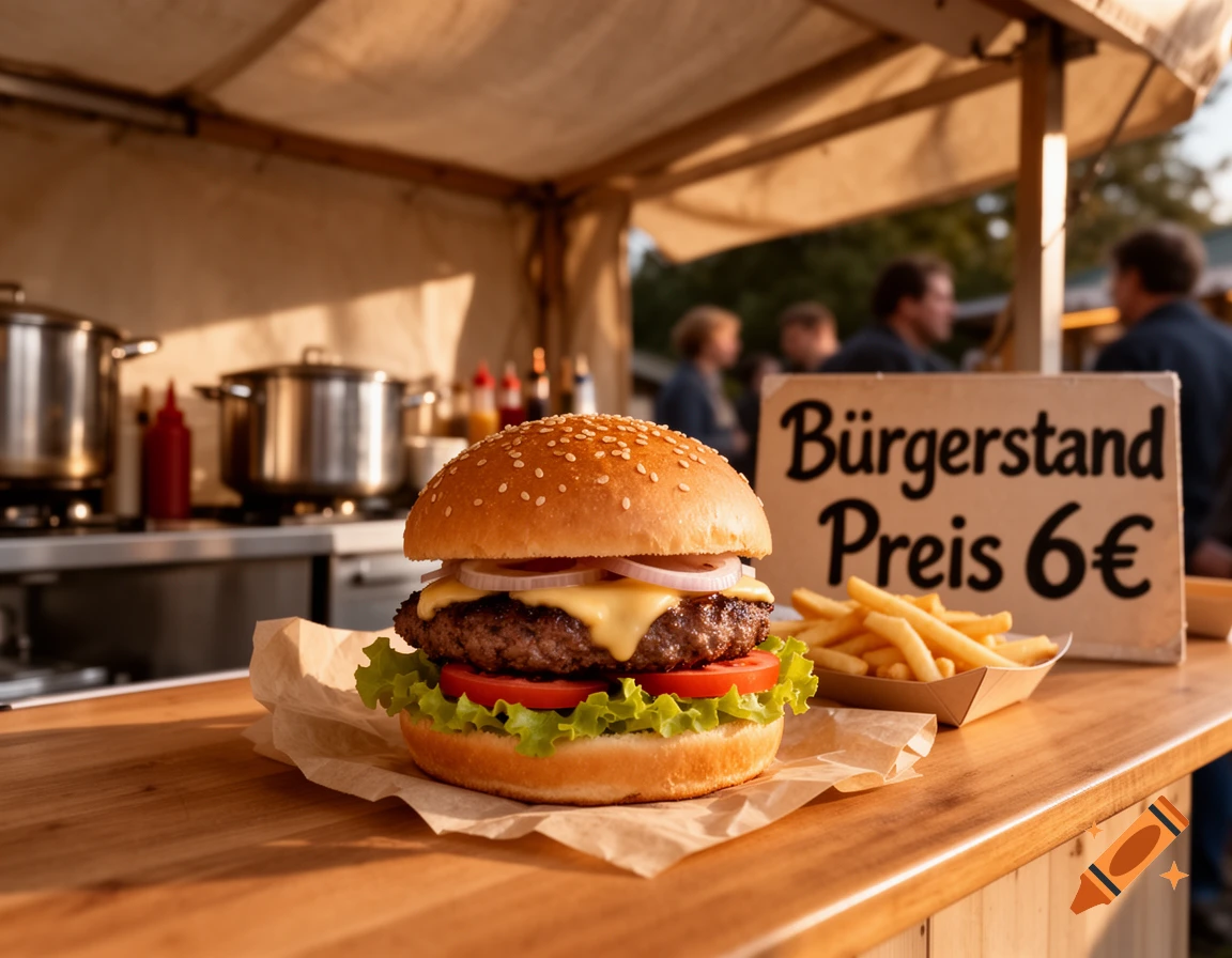 A close-up photograph of a delicious cheeseburger with lettuce, tomato, and onion on wooden counter with french fries and a price sign in the background.