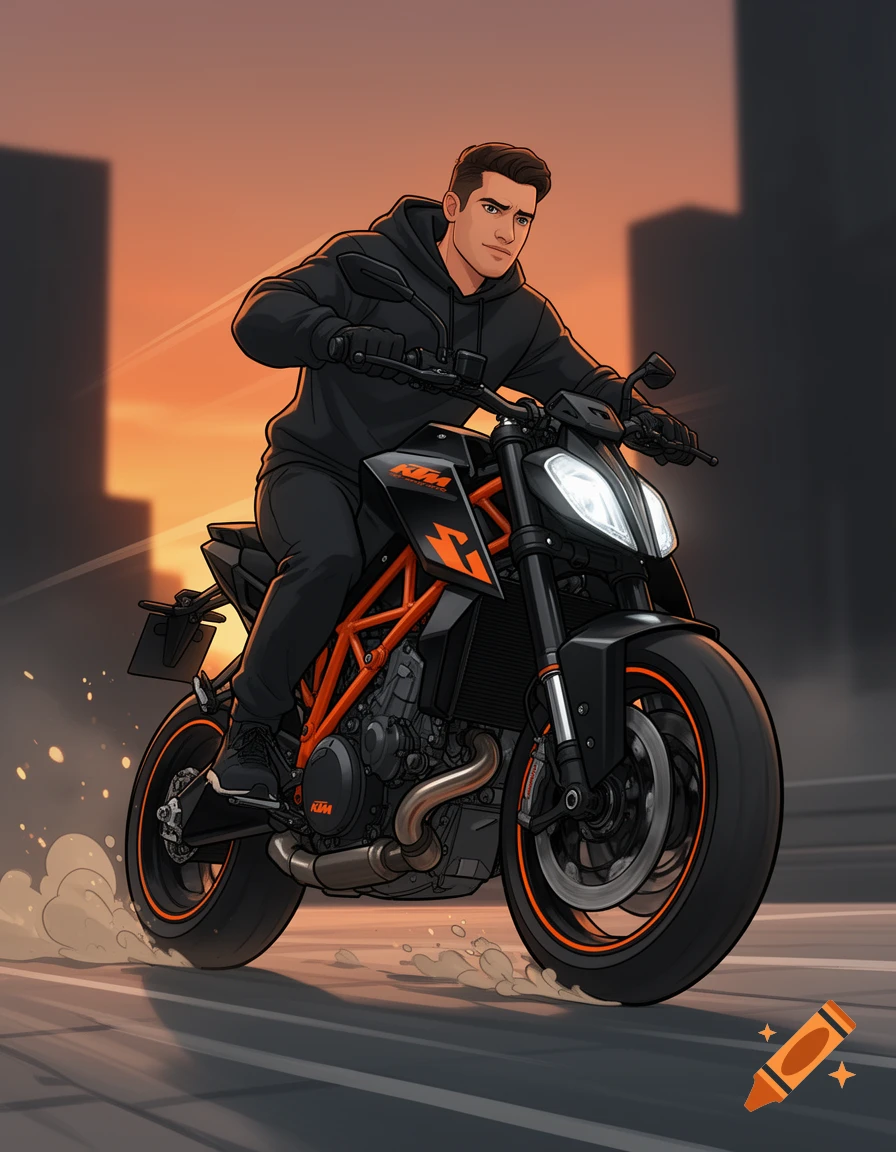 Cartoon illustration of a man in a black hoodie riding a black and orange KTM motorcycle on a street at sunset.