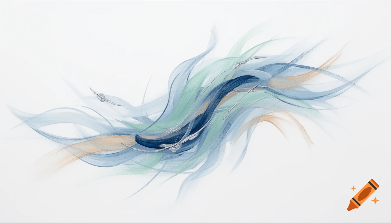 Abstract painting with wispy, brushed lines in light blue, denim blue, seafoam green, and tan on a white background with silver accents.