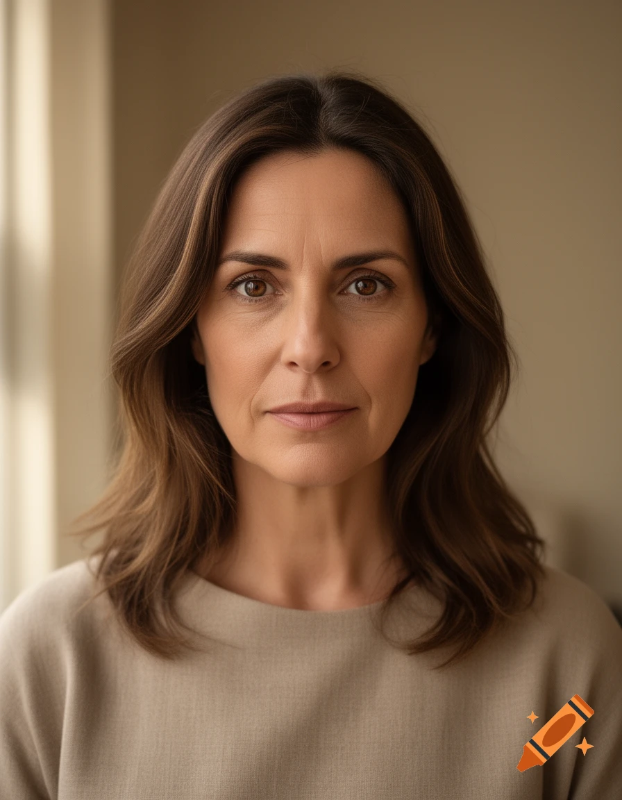 Photorealistic headshot of a woman with brown hair and brown eyes wearing a beige top.