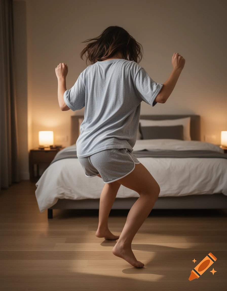 Photorealistic image of a woman in grey pajamas dancing in a modern bedroom.
