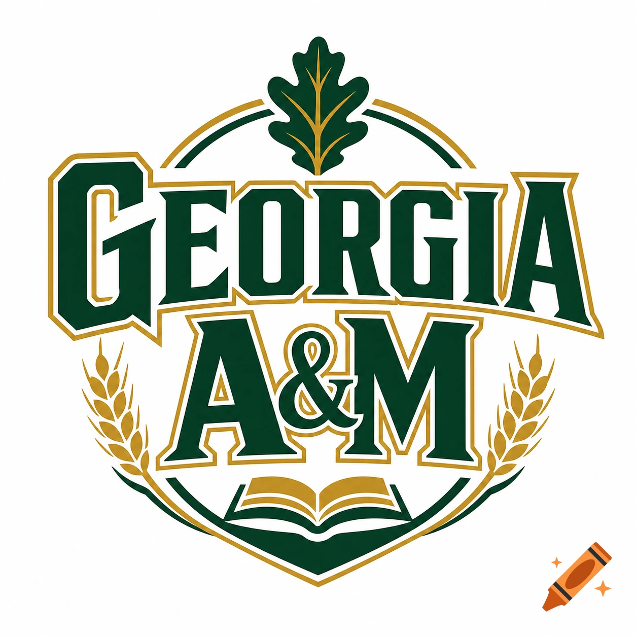 Logo design for Georgia A&M featuring green and gold text, an oak leaf, wheat stalks, and an open book.