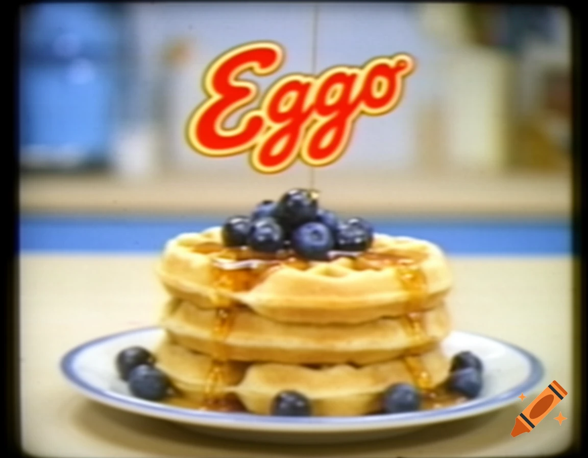 Vintage commercial style image of a stack of waffles topped with blueberries and syrup, with the Eggo logo above.