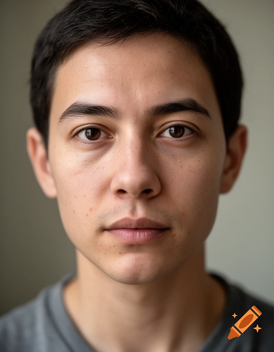 Close-up photorealistic portrait of a young man with dark hair and brown eyes.