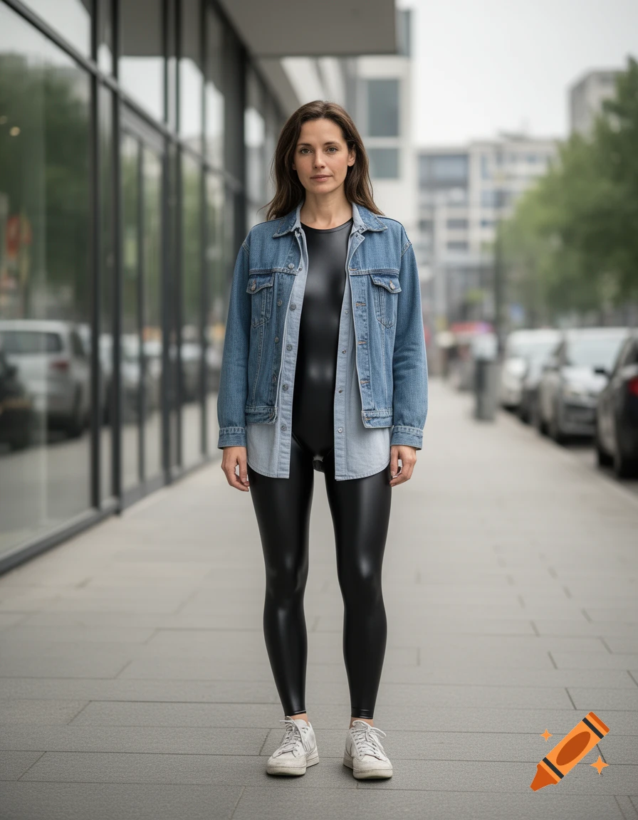 Photorealistic full-body portrait of a woman wearing a black latex catsuit under an open denim jacket, standing on a city sidewalk.