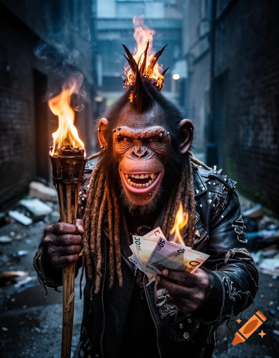 Photorealistic image of a punk chimpanzee with dreadlocks, facial piercings, and a flaming mohawk holding a burning torch and euro banknotes.