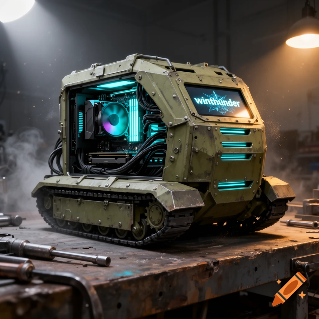 A photorealistic gaming PC shaped like a military tank with green armor, tank treads, and glowing cyan components on a metal workbench.