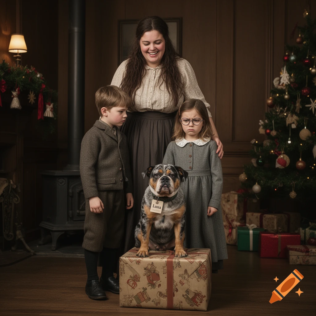 A vintage 1915-style portrait of a smiling woman, a disappointed boy and girl in glasses, and a bulldog wearing a tag that says 'Luna' on a gift box, next to a Christmas tree.