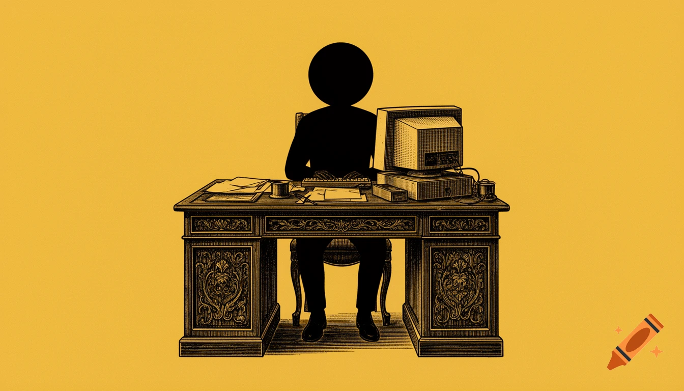 A solid black silhouette figure with a featureless spherical head sitting at a detailed vintage engraved desk with a computer monitor, against a mustard yellow background.