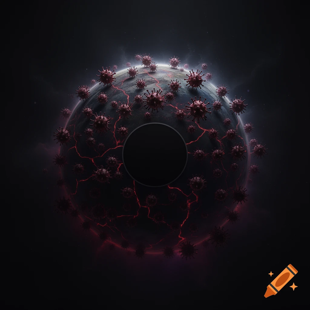 Dark planet covered in red virus cells with a centered dark circle for a loading screen.