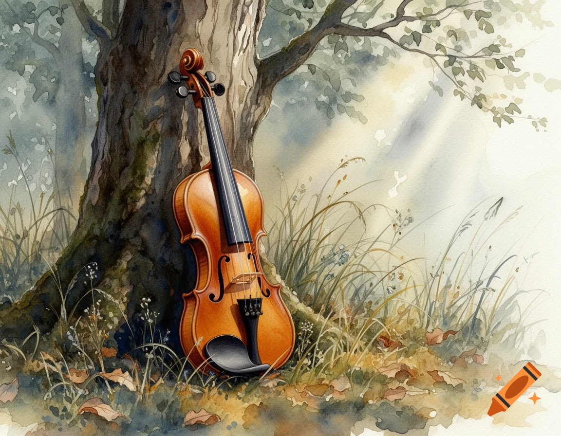 Watercolor painting of a violin leaning against a tree trunk in a grassy forest setting with sunlight filtering through leaves.