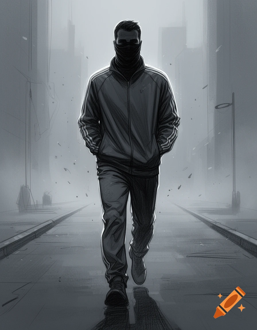 Monochrome sketch of a lone man walking down a misty city street, wearing a track jacket and a face covering.