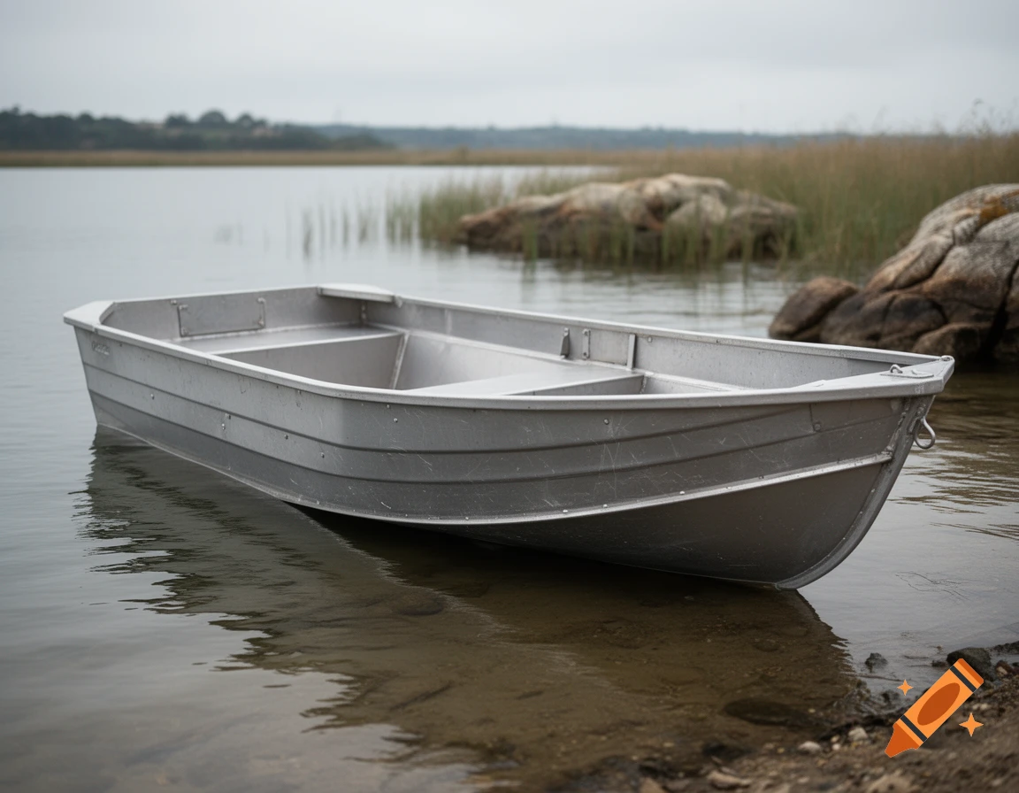 A photorealistic image of an empty aluminum tinny boat pulled ashore on calm water with grassy banks in the background.