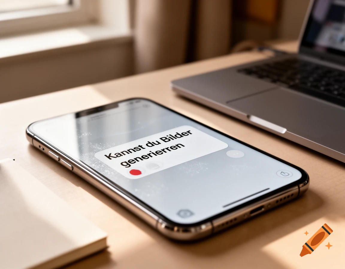 Close-up photorealistic shot of a smartphone lying on a wooden table displaying a chat message, with a laptop in the background.