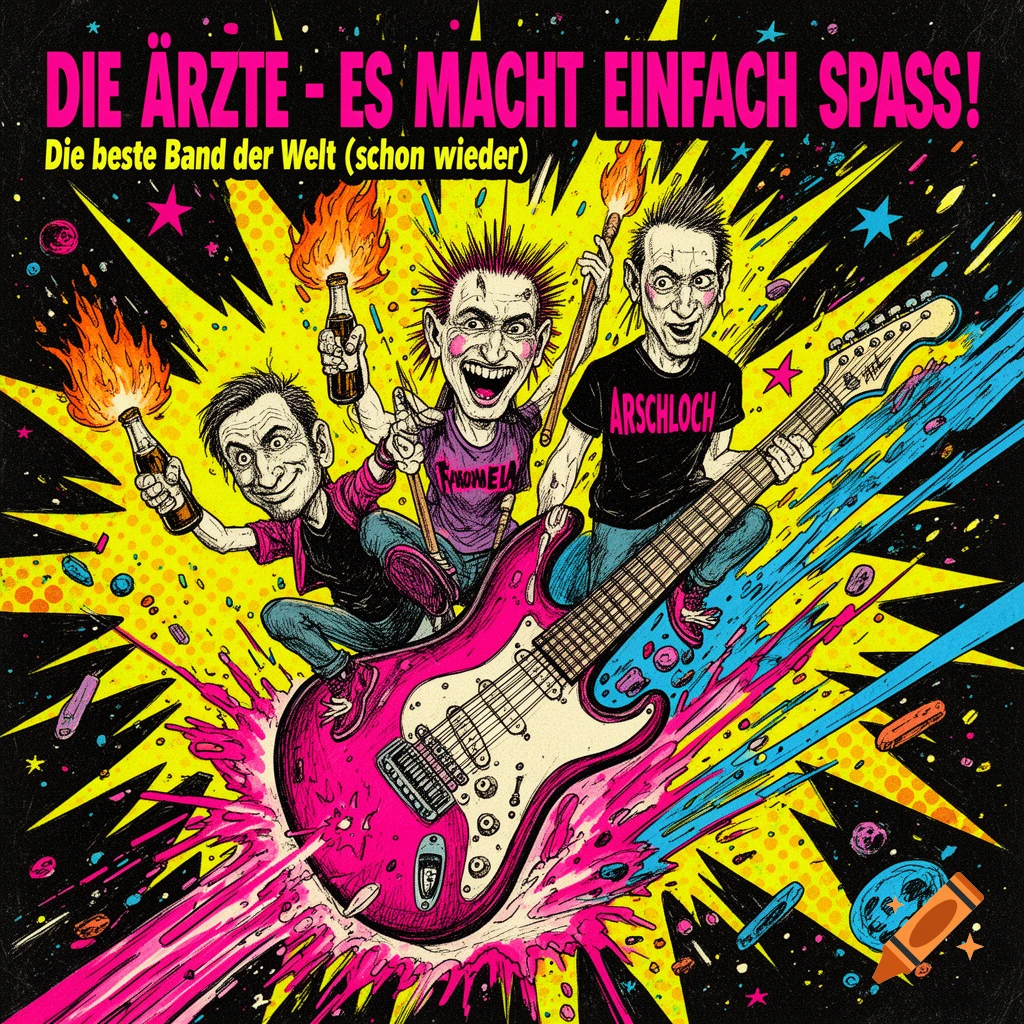 Comic style illustration of three punk rock musicians riding a giant exploding pink guitar through space.
