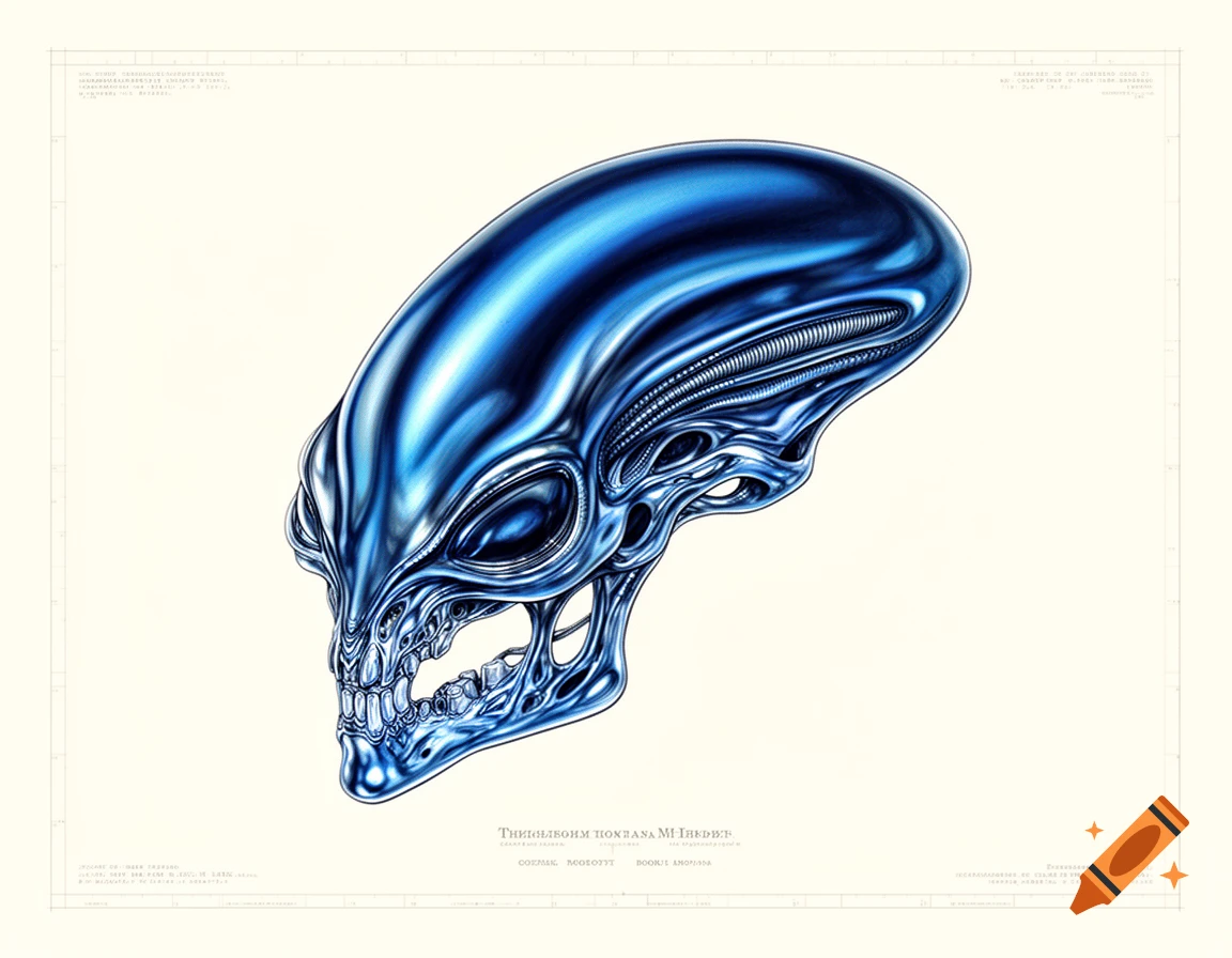 An encyclopedia-style scientific illustration of a blue, chrome-plated alien skull with exposed teeth and mechanical details on a cream background.