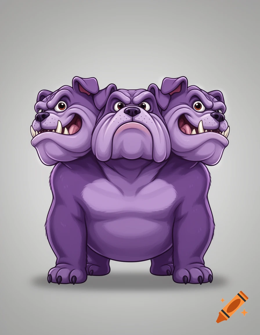 Digital illustration of a purple cartoon bulldog with three heads and a grumpy expression against a grey background.
