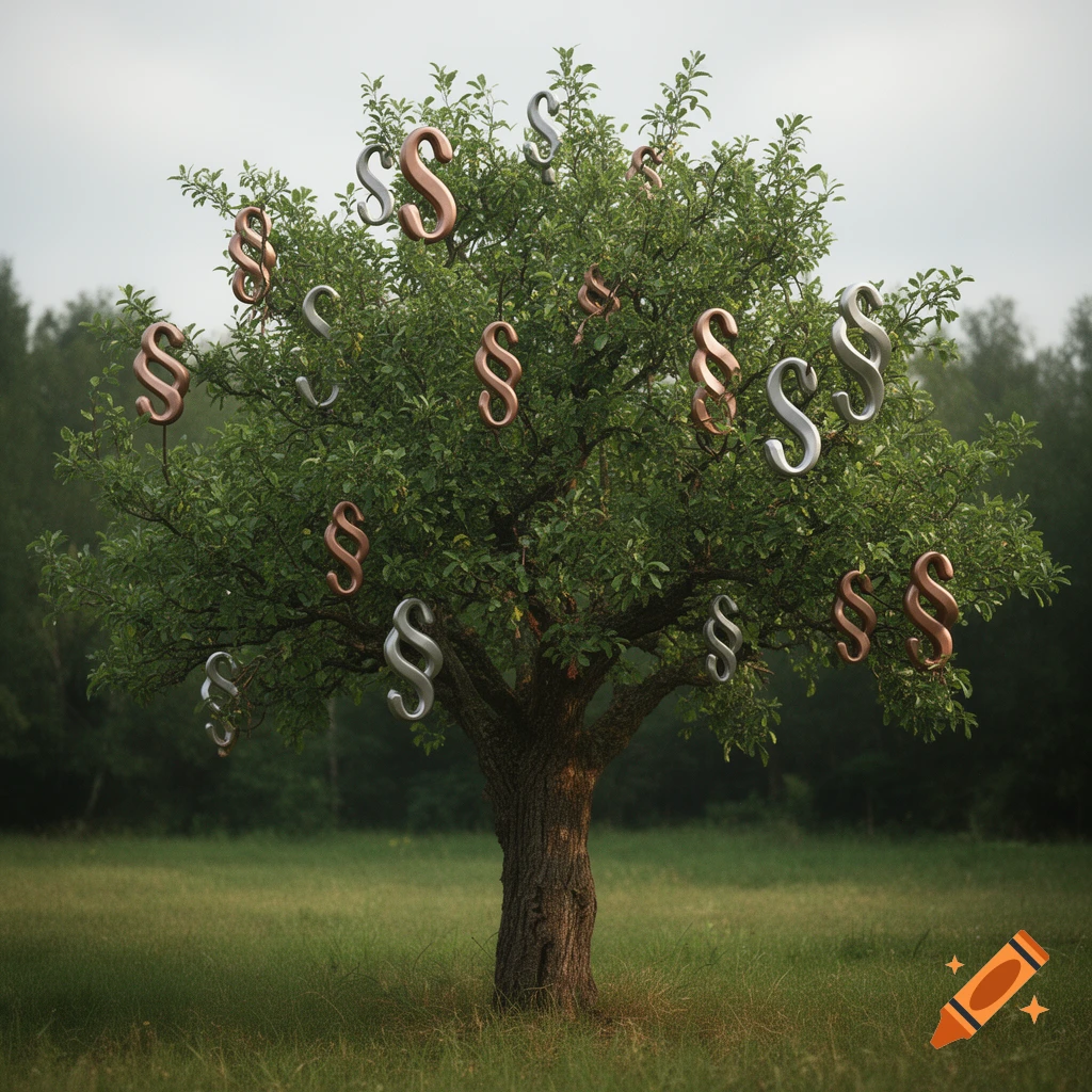 Photorealistic tree in a grassy field with metallic section sign symbols hanging as fruit from its branches.
