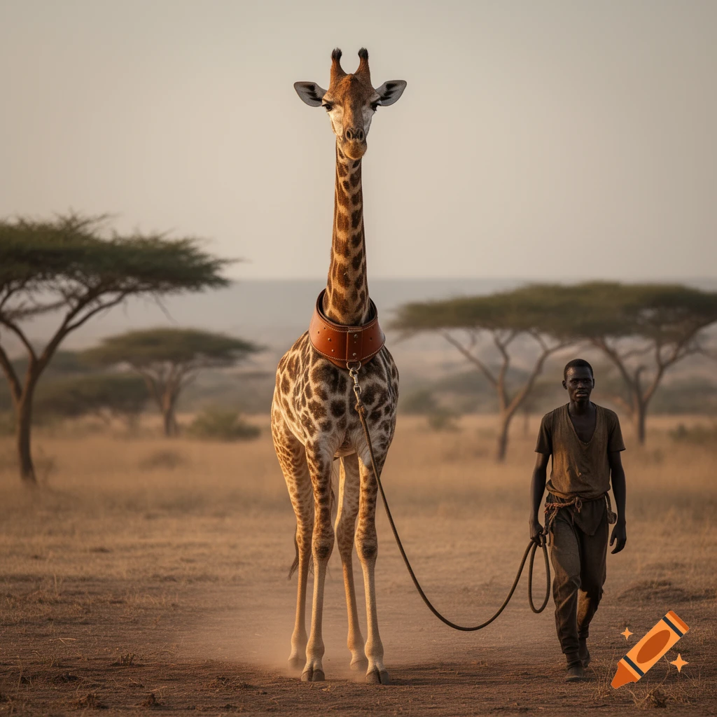 Photorealistic image of a giraffe wearing a leather collar with a leash held by a man walking in an African savannah.