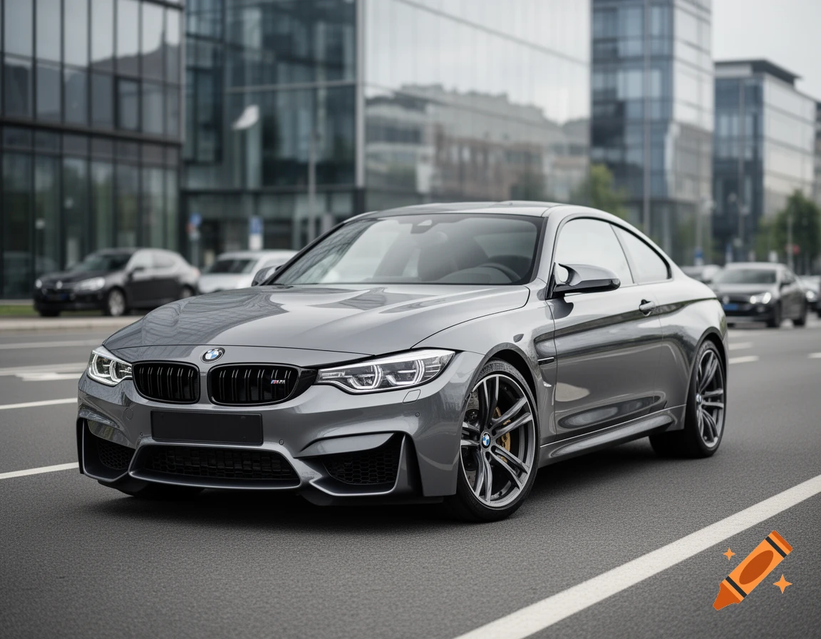 Photorealistic grey BMW M4 coupe parked on a city street with modern glass buildings in the background.