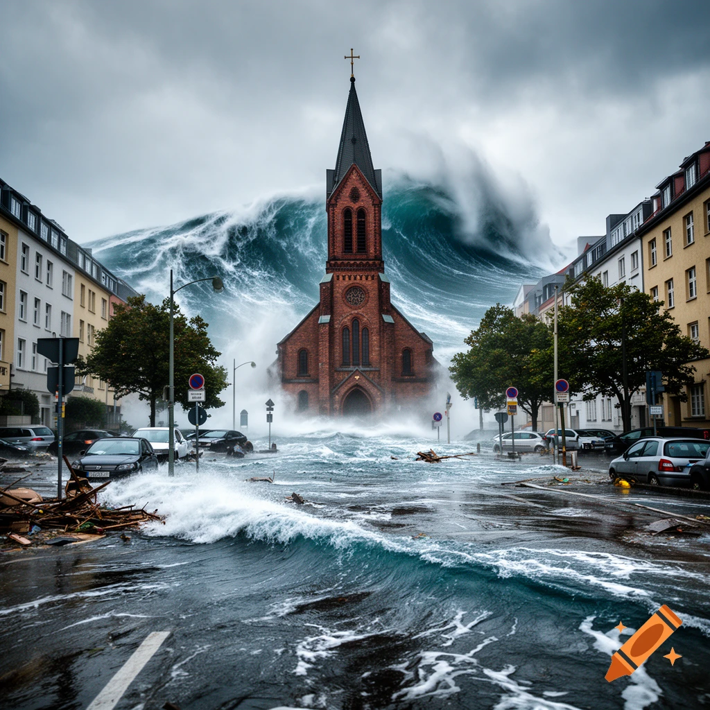 Photorealistic image of a massive tsunami wave crashing over a flooded European street with a central brick church.