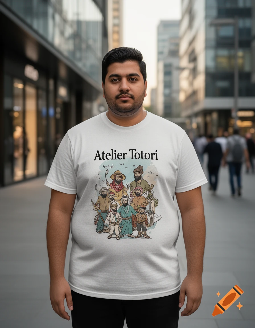 Photorealistic image of a man standing outdoors on a city street wearing a white t-shirt featuring an illustrated graphic with the text Atelier Totori.