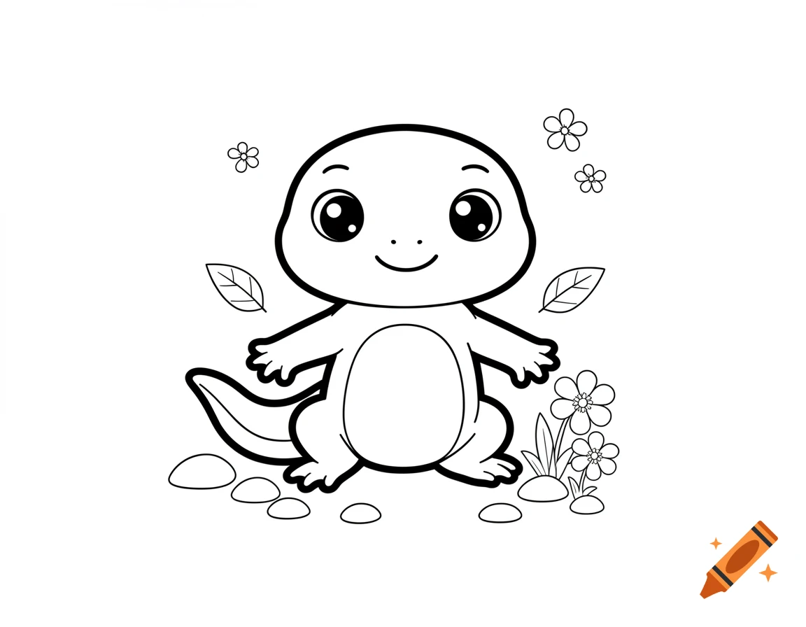 Black and white coloring page of a cute cartoon newt with big eyes surrounded by flowers and leaves.