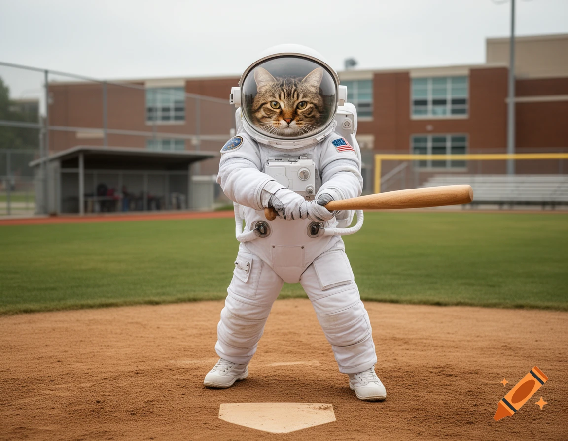 Photorealistic image of a tabby cat in a space suit holding a baseball bat on a school baseball field.