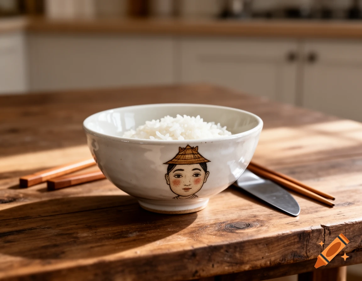 A ceramic bowl filled with white rice, featuring a hand-drawn illustration of a person wearing a straw hat, sitting on a wooden table.