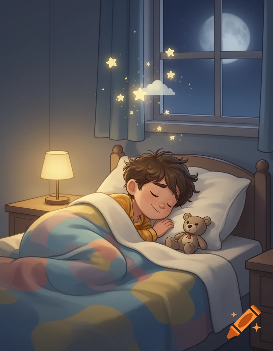 Cartoon illustration of an 11-year-old boy sleeping peacefully in his bed with a teddy bear, under a window with a full moon.