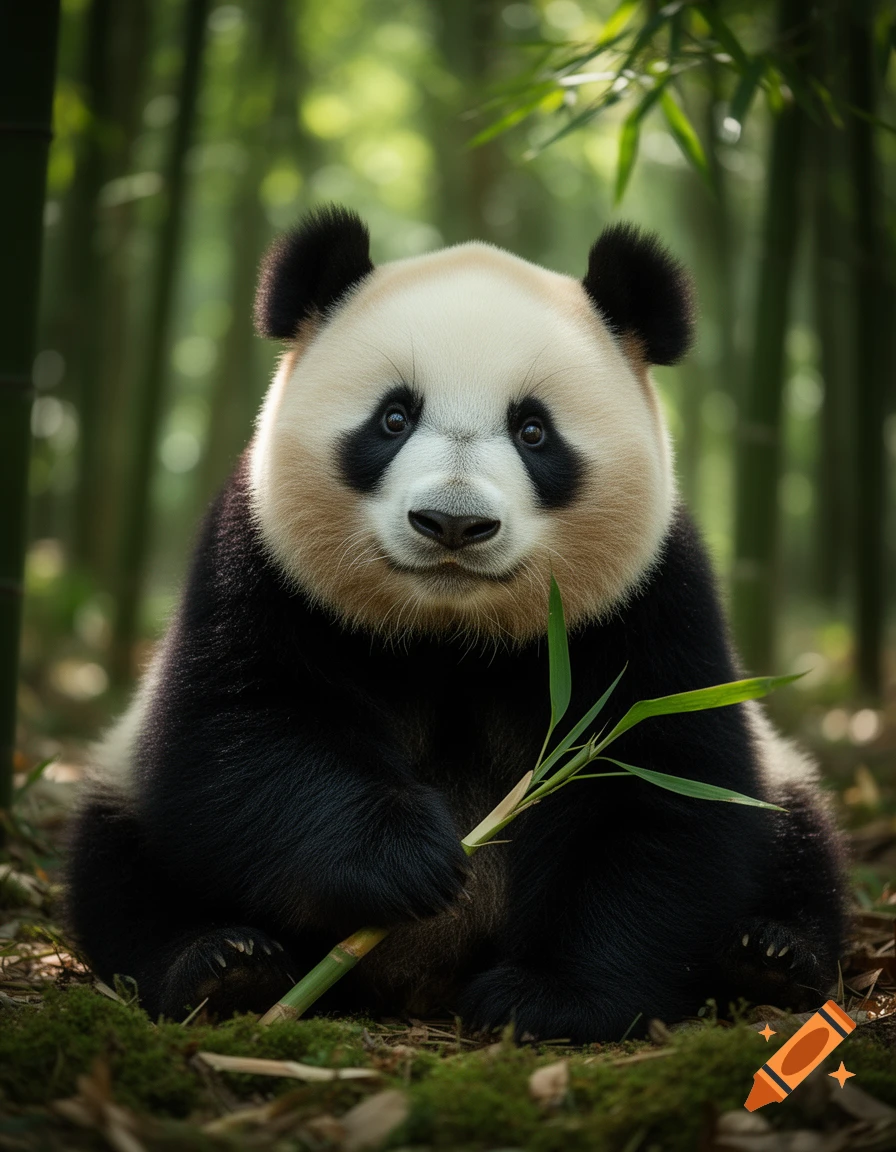 A photorealistic close-up of a cute panda sitting in a lush bamboo forest holding a green bamboo shoot.