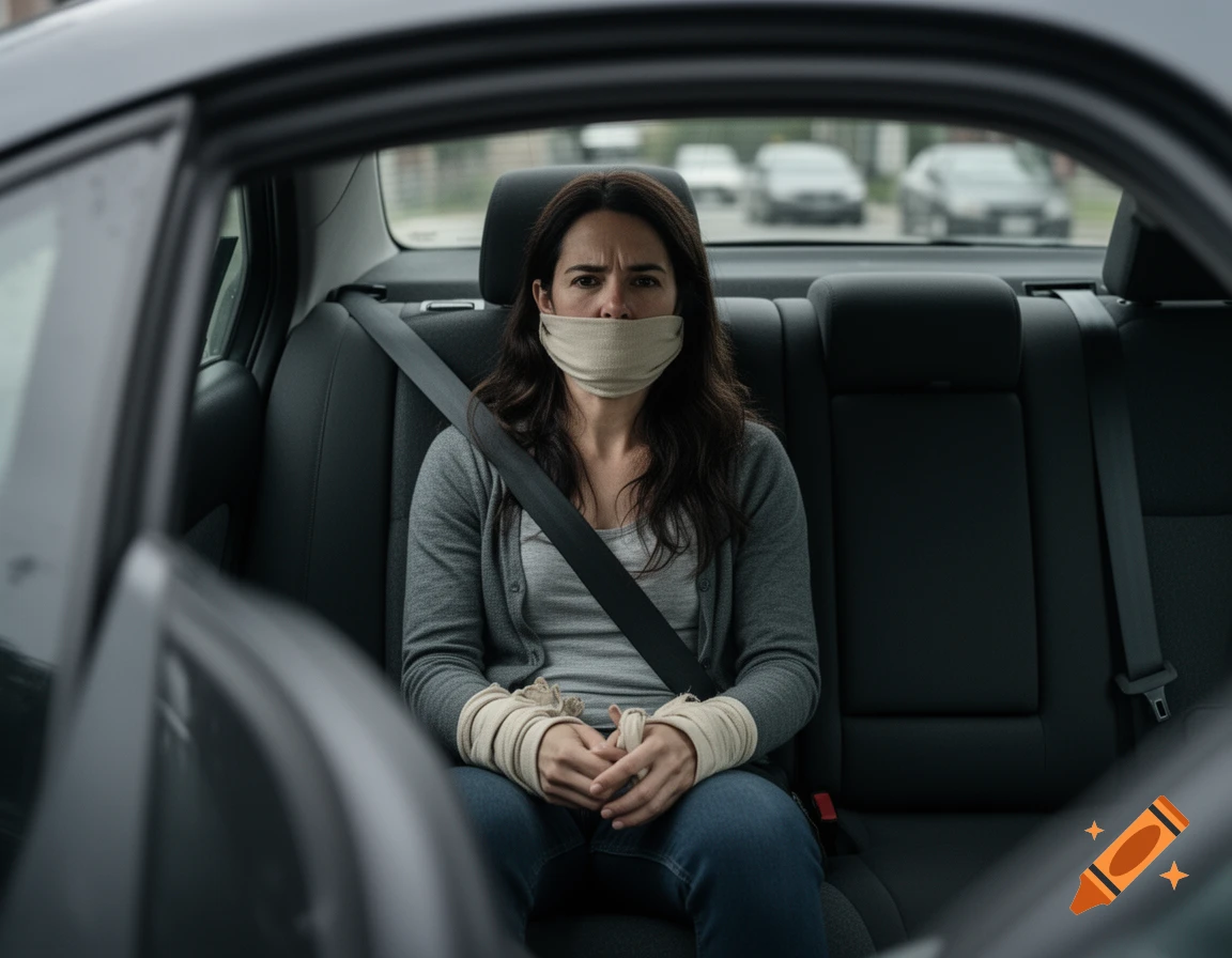 Photorealistic shot of a woman with bound hands and mouth gagged, sitting in the backseat of a car.
